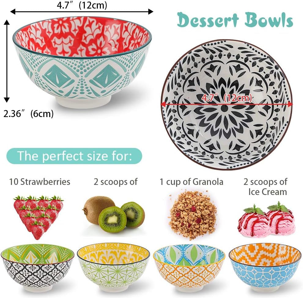 Porcelain Dessert Bowls Cereal Bowl - Ceramic Bowl Set of 6 - Colorful Small Bowls for Ice Cream | Soup | Cereal | Rice | Snack | Side Dish | Condiment Microwave and Dishwasher Safe