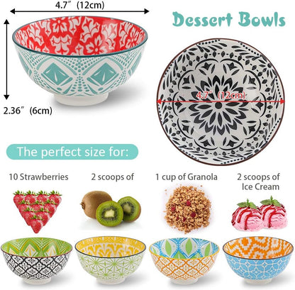 Porcelain Dessert Bowls Cereal Bowl - Ceramic Bowl Set of 6 - Colorful Small Bowls for Ice Cream | Soup | Cereal | Rice | Snack | Side Dish | Condiment Microwave and Dishwasher Safe