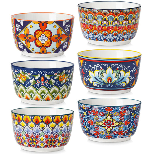 vancasso 8 Oz Ramekins Oven Safe Set of 6 Bohemian Creme Brulee Ramekins Colorful Souffle Dishes Pudding Custard Cups for Baking Small Ceramic Bowls for Snacks Ice Cream